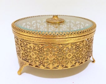 Gold Filigree Jewelry Box with Glass Lid