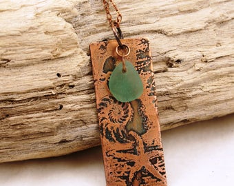 By the Sea Shore--Etched Copper Beach Focal and Genuine Sea Glass Necklace 685