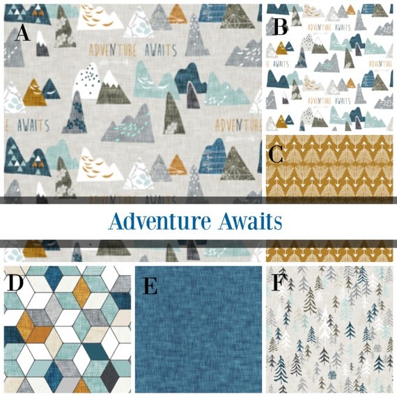 Crib Bedding Adventure Awaits Navy White Gray Taupe Aqua