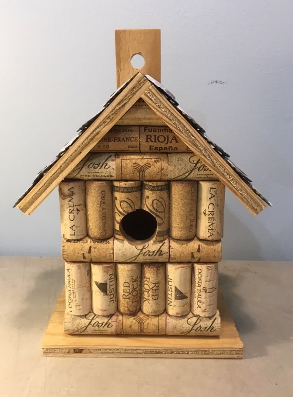 Wine cork beer cap and wooden birdhouse by LesliesCorkCreations