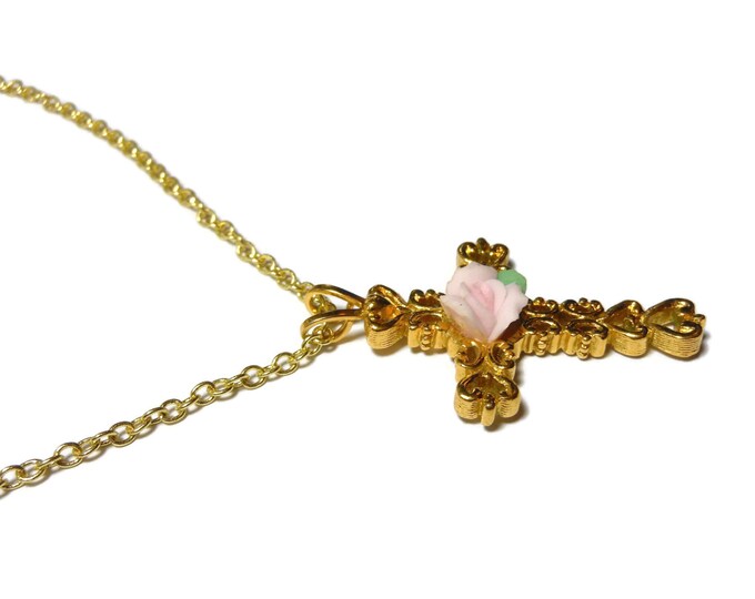 FREE SHIPPING Gold rose cross pendant, detailed floral pendant with gold chain, cross with porcelain pink rose, extender with small cross