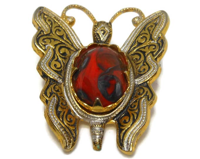 Damascene butterfly brooch, Toledo ware Jelly Belly, Toledoware art glass cabochon, made in Spain, mid century, enamel butterfly pin