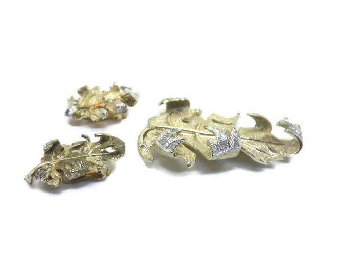 FREE SHIPPING Sarah Coventry brooch and earrings, 1960's "Windfall" line, gold tone with silver tips, turning leaf pin set, clip earrings