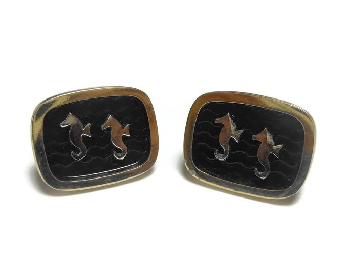 Kreisler Craft Seahorse cuff links, gold with black wave background, mid century great for a destination wedding vintage