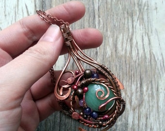 Wire Wrapped Pendant Copper necklace - Wire wrapped Jewelry Gift for her - Wire jewelry Copper pendant - Wire Pendant Green Spring Fashion