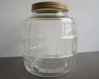 Vintage Hossier Glass Storage Jar Yellow Metal Top