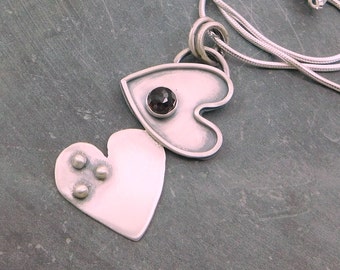 Multi Heart Garnet Pendant, Oxidized Sterling Silver, Heart Gemstone Necklace, Modernist Heart