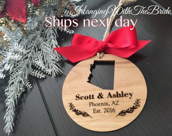 Personalized Couple Ornament, Christmas Gift, Custom name ornament, couple gifts, couple ornament, state ornament, couple wood ornament