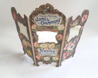 French antique Cardboard Department Store Advertisement Triptych mirror circa 1900 Rare (v829)