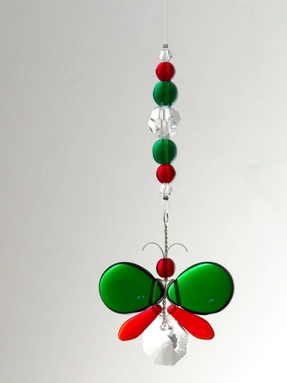 Red Christmas Ornament Rear View Mirror Charm Green Butterfly