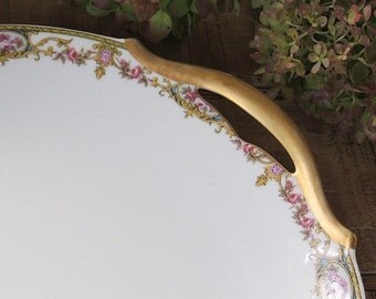 Limoges France UC Arenita Pattern Plate, Pink Floral Petit Fours Platter or Tray, Gold Gilt Handle Tray, Ca. 1920's