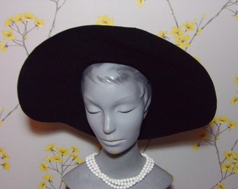 Vintage 1940s Black Felt Hat Wide Brim Ladies Hat 1940s Ladies Hat Vintage 40s Floppy Hat