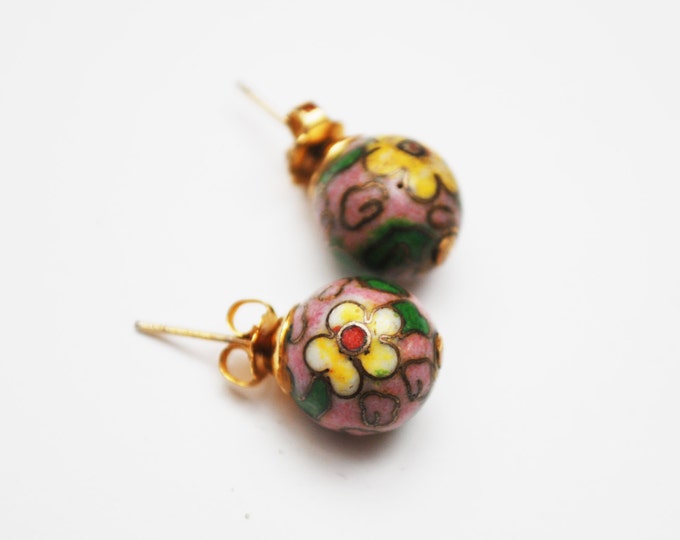 Pink Cloisonne Earrings - Flower - Round Stud - green yellow white gold floral pierced earring
