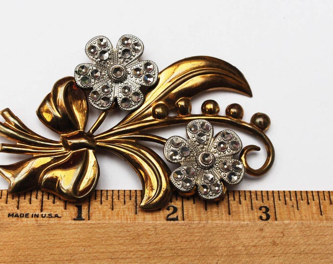 Flower Brooch - Art Deco - Gold filled - cut silver steel - Floral pin