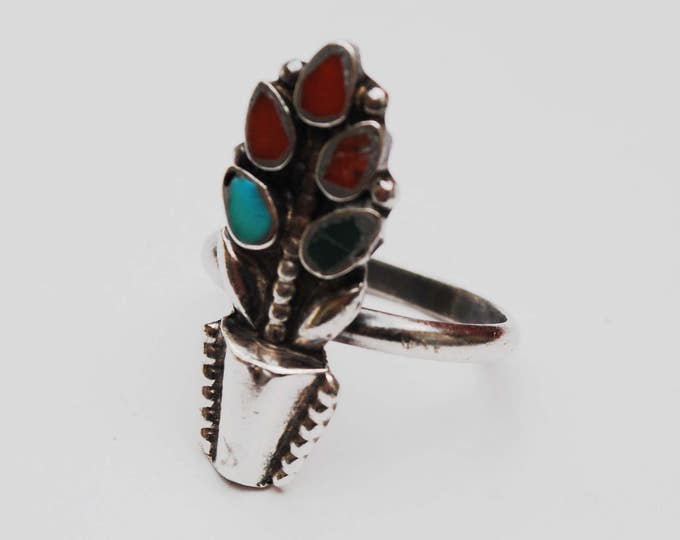 Gemstone Inlay Flower Ring - Silver floral - turquoise,coral - carnelian - size 5 ring