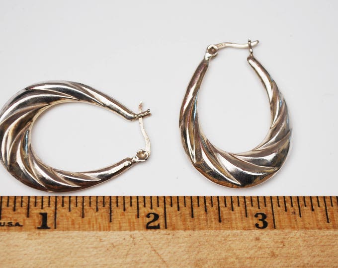 Large Sterling Hoop Earrings - puffy hallow sliver hoops - Modernistic design - twisted ribbed -style Signed 925 - pierced earrings