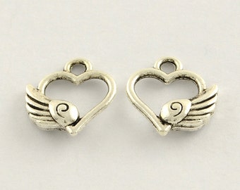 10 pieces Antique Silver Heart With Wing Charms