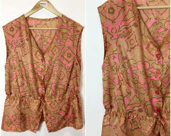 Vintage 1940s Top - 40s Pink & Gold Silk Print Blouse - Sleeveless 50s Shirt - Button Down Blouse - UK 12-14 Medium Bust 38" -