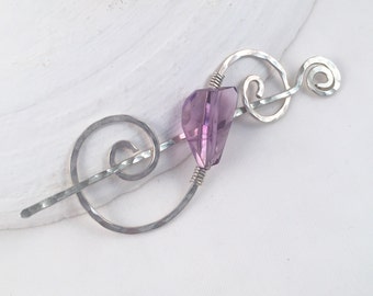 Handcrafted Shawl Pin, Silver Amethyst Sweater Pin, February Birthstone, Gift for Her, Hair Accessory, Silver Swirl Pin