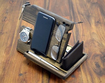 Anniversary Gift, for Men, Wood organizer, Docking station, Desk organizer, Phone holder, Wooden phone stand, Gift for him, man gift,