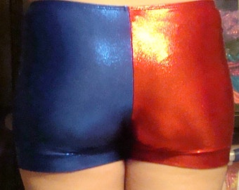 Red and blue shorts in mystique fabric Harley Quinn inspired