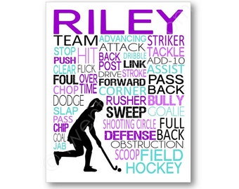 Field Hockey Typography Canvas or Art Print, Girl's Room Art, Choose Any Colors, Personalized for Field Hockey Player, Team or Coach