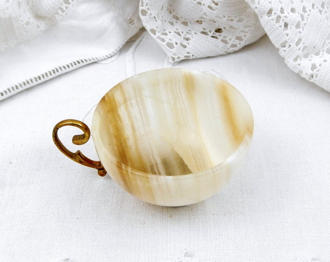 Vintage Carved Veined Pale Onyx Marble Agate Stone Decorative Cup, Ring Dish, Mid Century Decor, Retro, Semi Precious, Collection, Gift