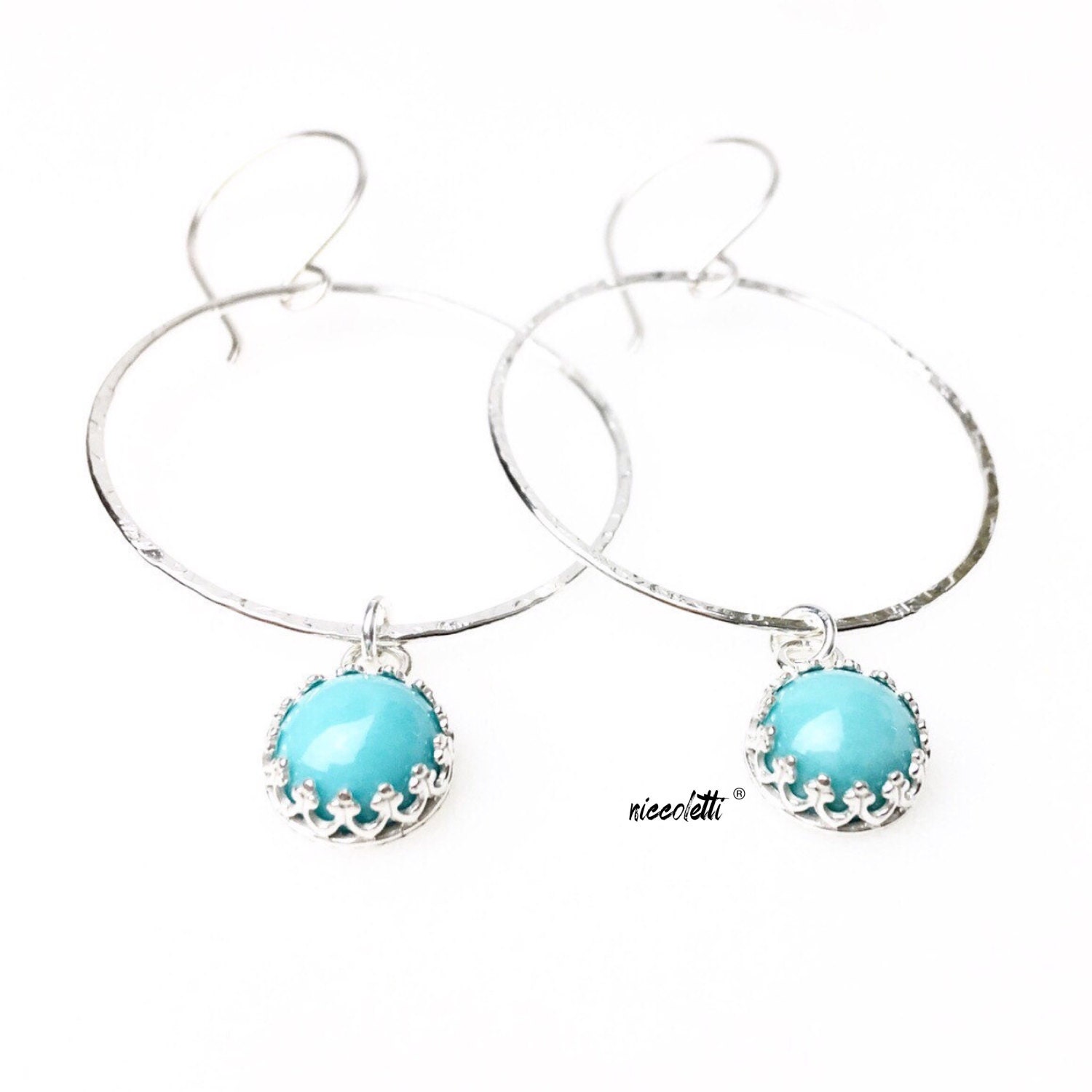 Genuine Turquoise Hoop Earrings / Eternity Hoops / Textured Circle Earrings / Minimalist Jewelry Gifts for Her / Boho Turquoise Dangles