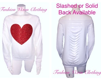 Fashion Vixen Red Glitter Heart White Off the Shoulder Sweatshirt (slashed or solid back) XS S M L XL Plus Size 1x 2x 3x 4x 5x