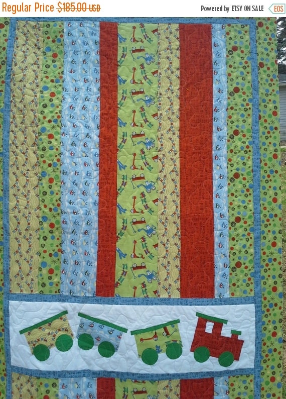 SALE Baby Boy Nursery Bedding Boy Train Crib Quiilt by QuiltsForU2