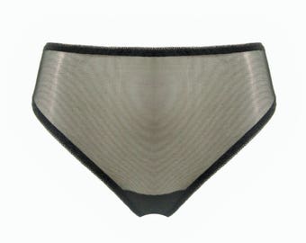 MIDNIGHT high waisted thong panties / knickers in sheer see through black mesh, handmade lingerie - ethical clothing to order
