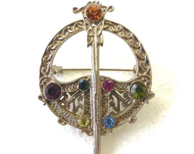 Vintage Celtic Sword Shield Brooch, Kilt Pin, Rhinestone Irish Jewelry