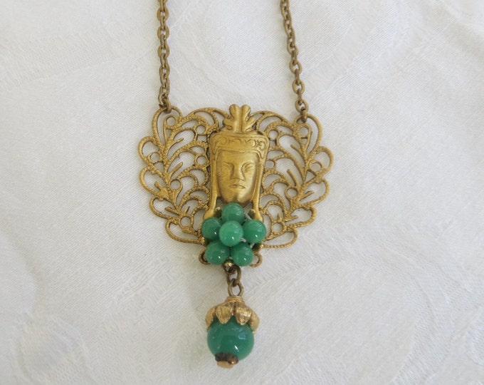 Vintage Buddha Necklace, Filigree with Peking Glass Beads, Bib Style, Spiritual Jewelry, 24 Inch Chain