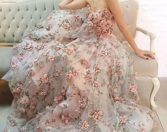 organza lace fabric with 3D rosette, 3D rosette fabric, colorful printed organza lace fabric for bridal dress, prop, backdrop