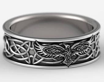 Sterling Silver Celtic Raven Ring, Raven Wedding Band, Mens Wedding Band, Irish Wedding, Raven Jewelry, Celtic Knot Ring, Custom Size 1161