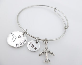 Flight Attendant Pilot Bangle Bracelet Airport Code Plane Handstamped metal jewelry bangle gift for world traveler gift idea stewardess