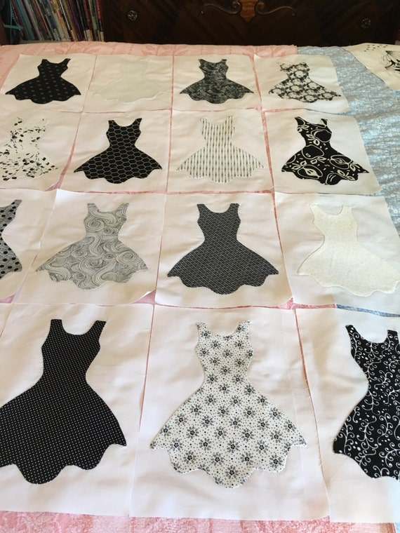 Reduced Little Black Dress Hand Appliqued Quilt Blocks 8x10.5