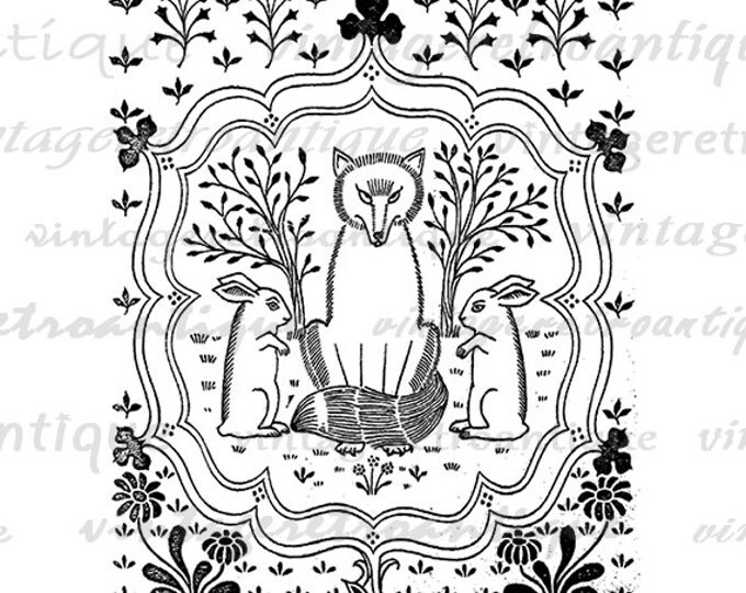 Printable Fox and Rabbits Digital Image Cute Animal Art Fox Digital Bunny Graphic Download Antique Clip Art Jpg Png Eps HQ 300dpi No.512