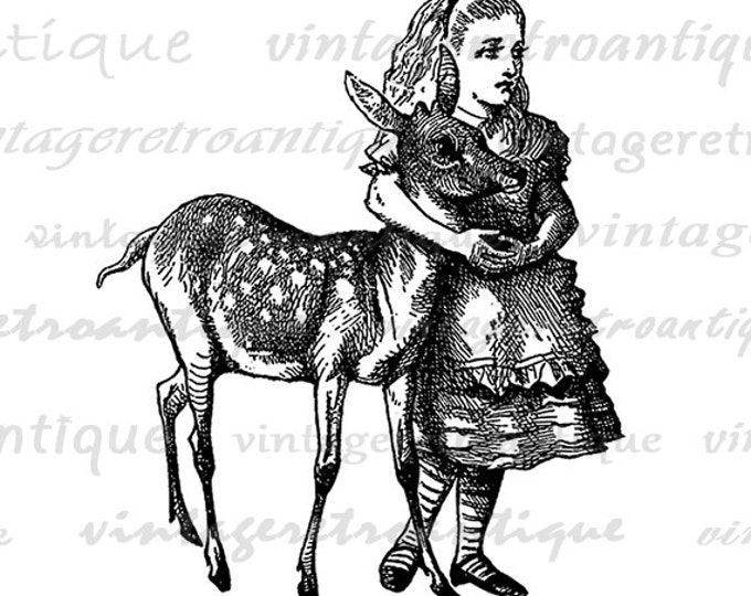 Alice with Fawn Image Printable Digital Alice in Wonderland Graphic Download Vintage Clip Art Jpg Png Eps HQ 300dpi No.1402