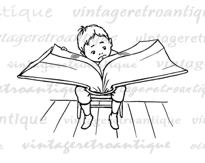 Small Boy Reading Big Book Image Graphic Digital Printable Download Vintage Clip Art Jpg Png Eps HQ 300dpi No.3227