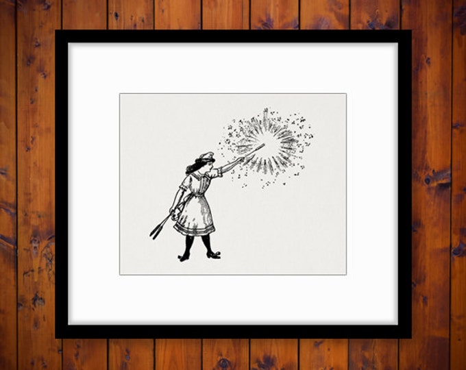 Digital Antique Girl with Sparklers Graphic Image Illustration Printable Download Vintage Clip Art for Transfers HQ 300dpi No.1127