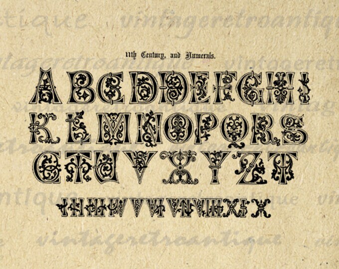 Printable Ancient Alphabet with Numerals Digital Download Classic Letters Antique Image Graphic Vintage Clip Art HQ 300dpi No.400