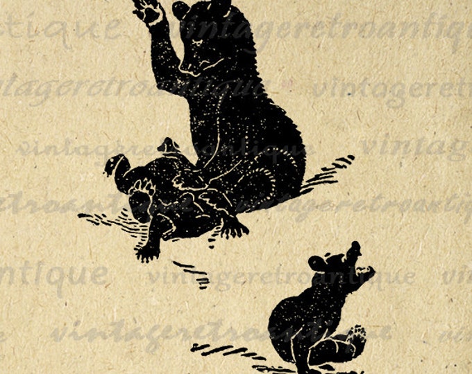 Digital Graphic Mother Bear Spanking Little Bears Download Blackbear Printable Image Artwork Vintage Clip Art Jpg Png HQ 300dpi No.838