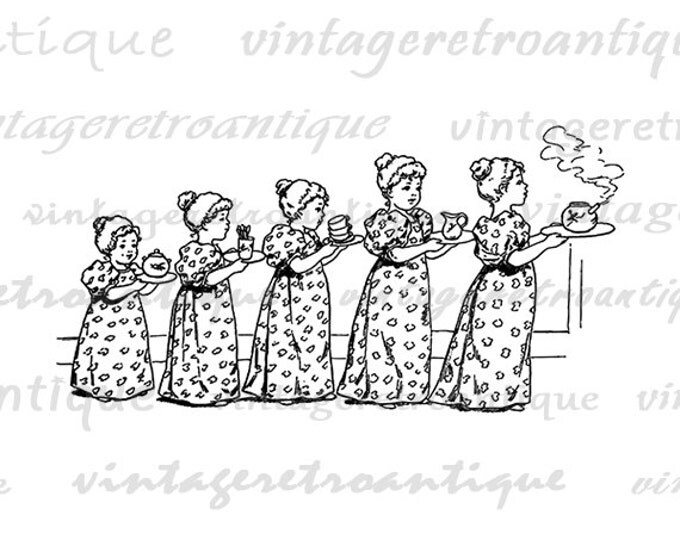 Digital Image Girls with Tea Graphic Teacup Download Tea Cup Printable Vintage Clip Art Jpg Png Eps HQ 300dpi No.3213