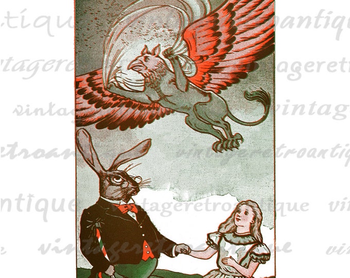 Digital Image Alice in Wonderland Alice March Hare and Griffin Download Graphic Printable Antique Clip Art for Transfers HQ 300dpi No.2583