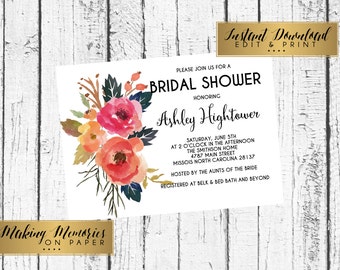 Graduation, Floral Bridal Shower Invitation, Instant download, editable shower,editable invitation, graduation, birthday, DIY, Flower Invite