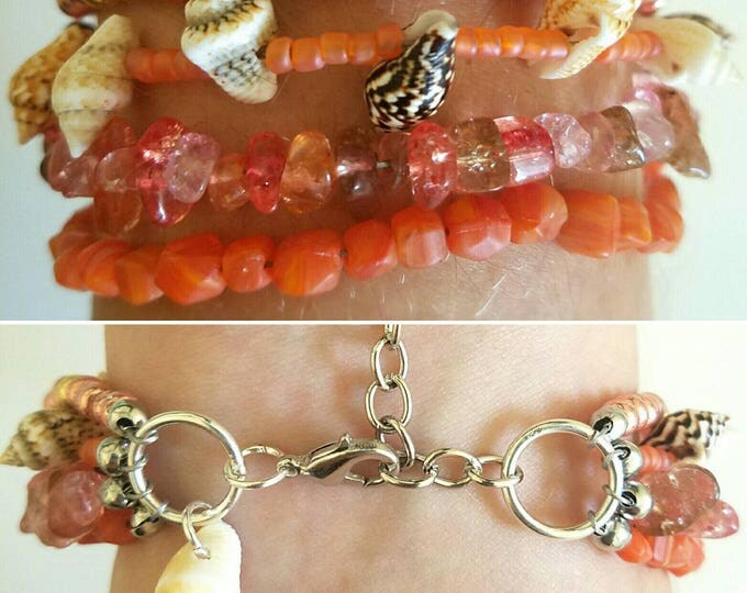 Orange Salmon Beaded Seashell Multistrand Bracelet