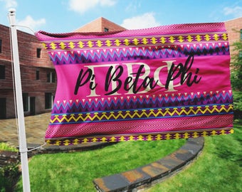 Pi Beta Phi flag, Hot pink Aztec print, 3 x 5 feet Polyester mesh, Customizable Sorority gift, PiPhi Dorm decor