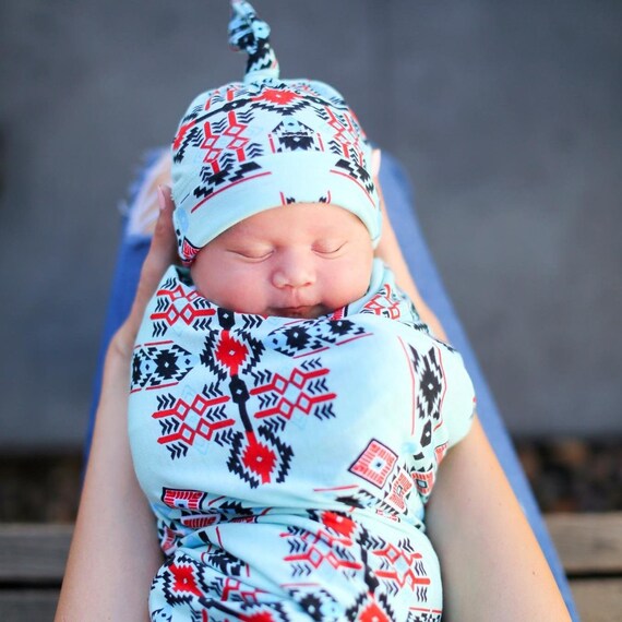 Turquoise Tribal Swaddle Blanket and Hat Set / Knit Swaddle