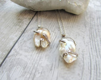 White Keshi Freshwater Pearl Caged Pendant Necklace, Silver Plated Jewellery